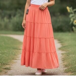 Luxveer (Skirt) (L) [Coral] [NEW] Tiered Smocked Waist Maxi Boho Rayon